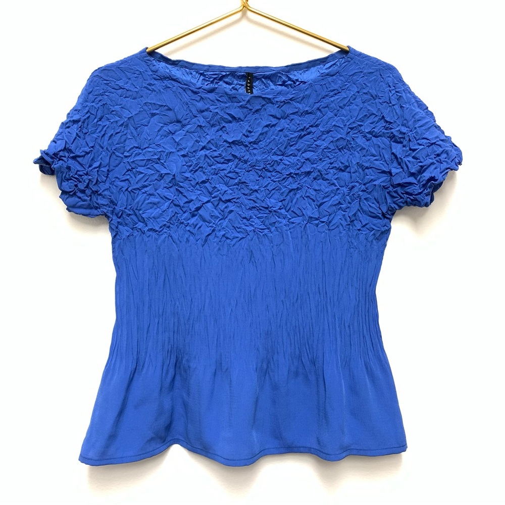 Babette Pleated Crinkle Top Size XXS Lagenlook Artsy Boho Boatneck Short Sleeve‎